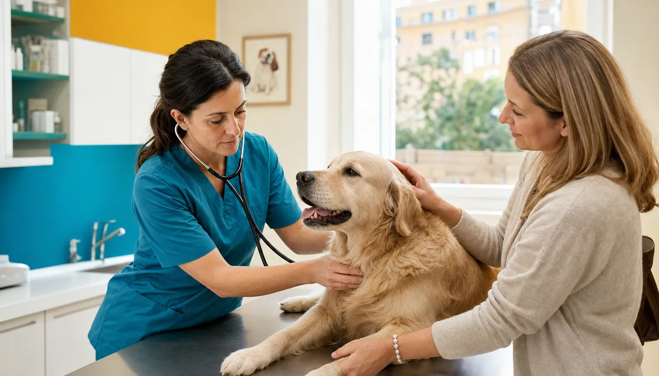 La veterinaria visita un cane tranquillo sul tavolo, con la proprietaria