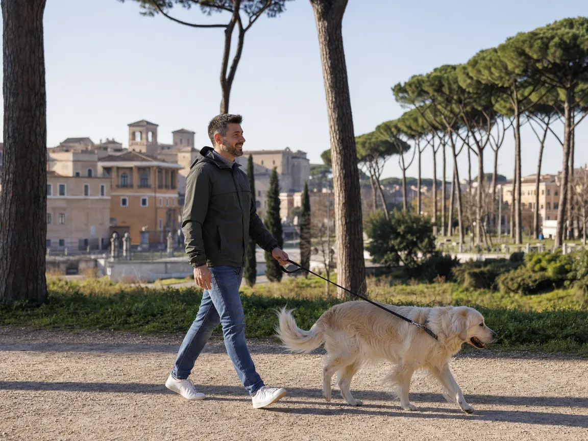 Passeggiata con il cane sotto i pini di un parco romano